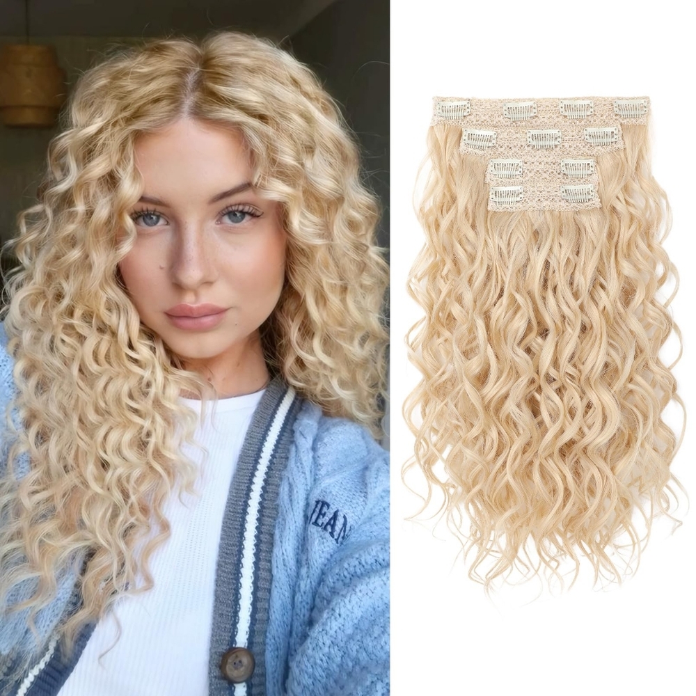 Curly Hair Extensions, 4PCS 16 inch Clip in Hair Extensions Lace Weft Short